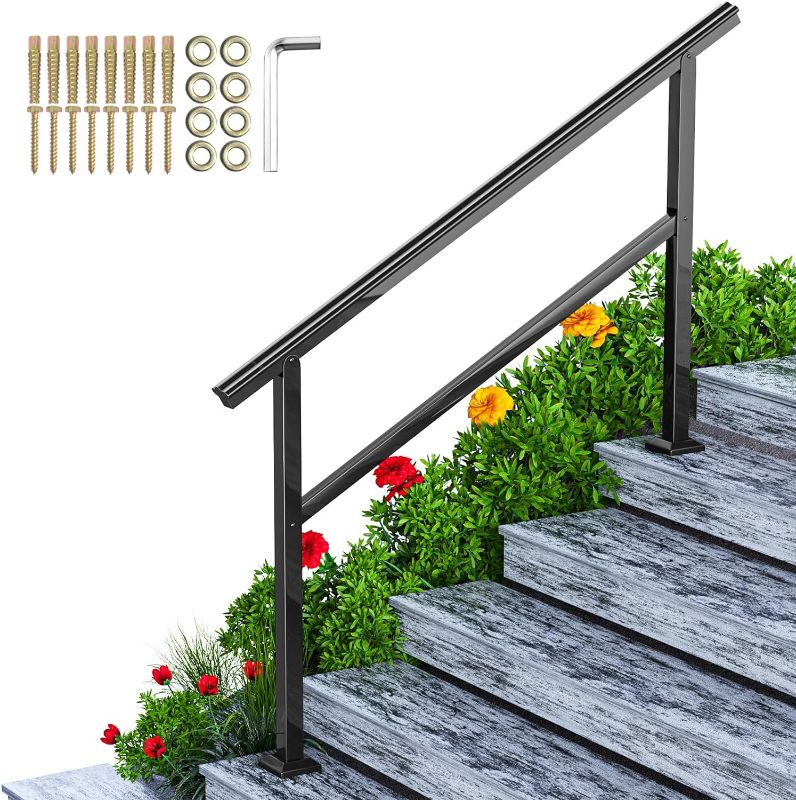 Photo 1 of 5ft Handrail,60"X35" Handrails for Outdoor Steps Fit 0 to 5 Steps Transitional Handrail with Installation Kit Handrail for Stairs Outdoor Aluminum and Iron Stair Railing,Mirror Black
