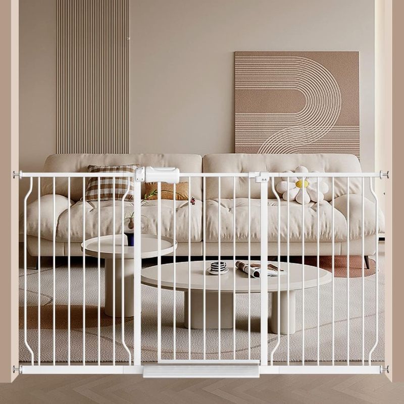 Photo 1 of Fairy Baby Extra Wide Baby Gate for Dogs Pressure Monuted Safety Gate for Living Room, Fits 62 Inch to 67 Inch with Pressure Mounted Extention Kit, White
