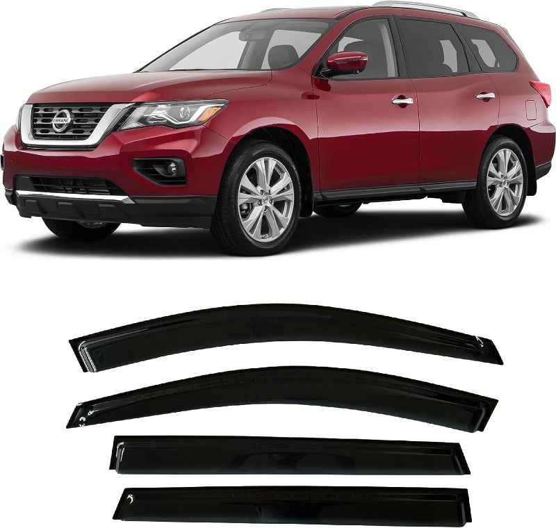 Photo 1 of 2013-2021 Tape-On Side Window Visor Deflectors for Nissan Pathfinder S SV SL Platinum Tinted Rain Guards 2014 2015 2016 2017 2018 2019 2020