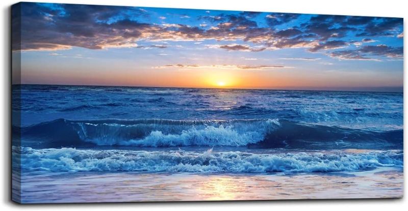 Photo 1 of canvas wall art for living room Blue Ocean Sea sun landscape painting bathroom Wall Decor Ready to Hang for Home Decorations office family bedroom kitchen Works canvas Prints pictures 20" x 40"inch