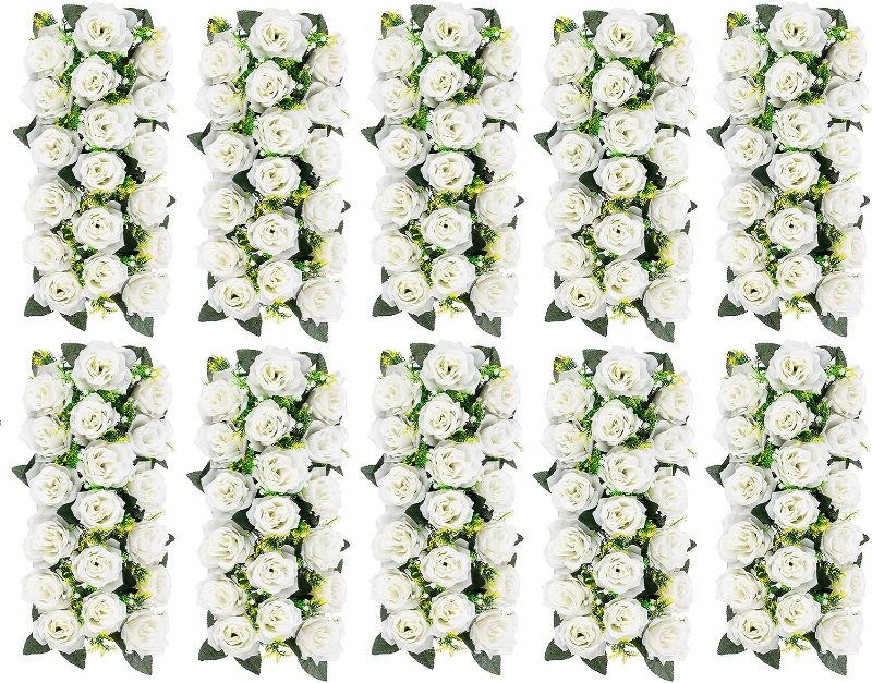 Photo 1 of BLOSMON Wedding Dining Table Flower Centerpiece Arch Silk Rose Floral Arrangement 10 Pcs Table Runner Decorations Artificial Rose Floral Centerpiece for Room Kitchen Reception Table Decor, White
