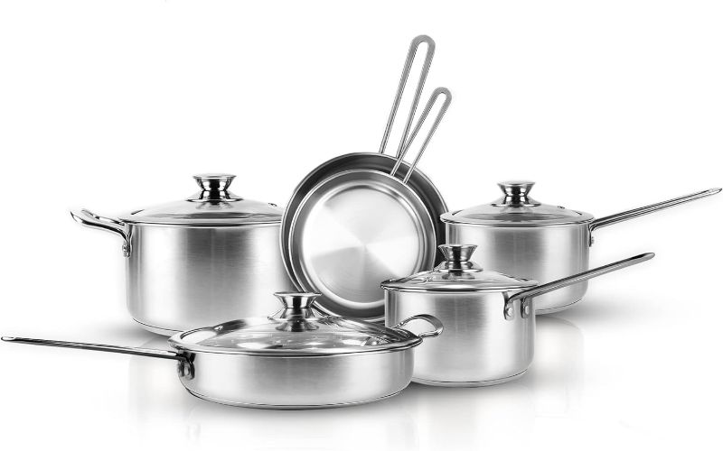Photo 1 of 10-Piece Stainless Steel Pots and Pans Set, Kitchen Cookware Sets Nonstick, Induction Pots and Pans, Cooking Set with Glass Lids, Frying Pans & Saucepan Compatible with All Stovetops
