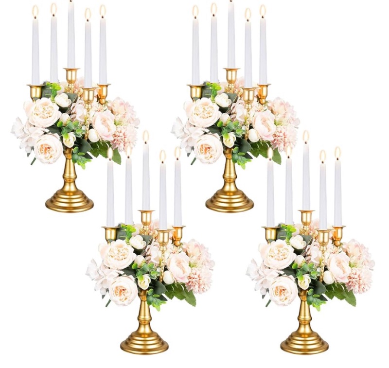 Photo 1 of 4 Pcs Gold Candelabra Candle Stand 11.6 Inch Tall Metal Candlestick Holder 5 Arms Candelabra for Candlelight Dinner Table Christmas Mantel Festivals