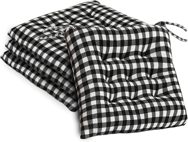 Photo 1 of AKSTRN Black and White Plaid, Set of 4 Buffalo-Checked Chair Pads for DiningKitchen Chairs Seat Cushions for Outdoor Patio with Ties, 16 x 16 Inches Chair Cushion, 4 Pack 