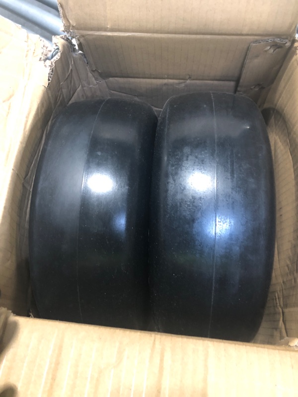 Photo 3 of 2 PCS Upgrade 13x5.00-6" Flat Free Lawn Mower Smooth Tire, Commercial Grade Lawn and Garden Mower Turf Replacement Solid Tire and Wheel with Steel Rim, 3/4" Grease Bushing and 3.25"-5.9" Centered Hub