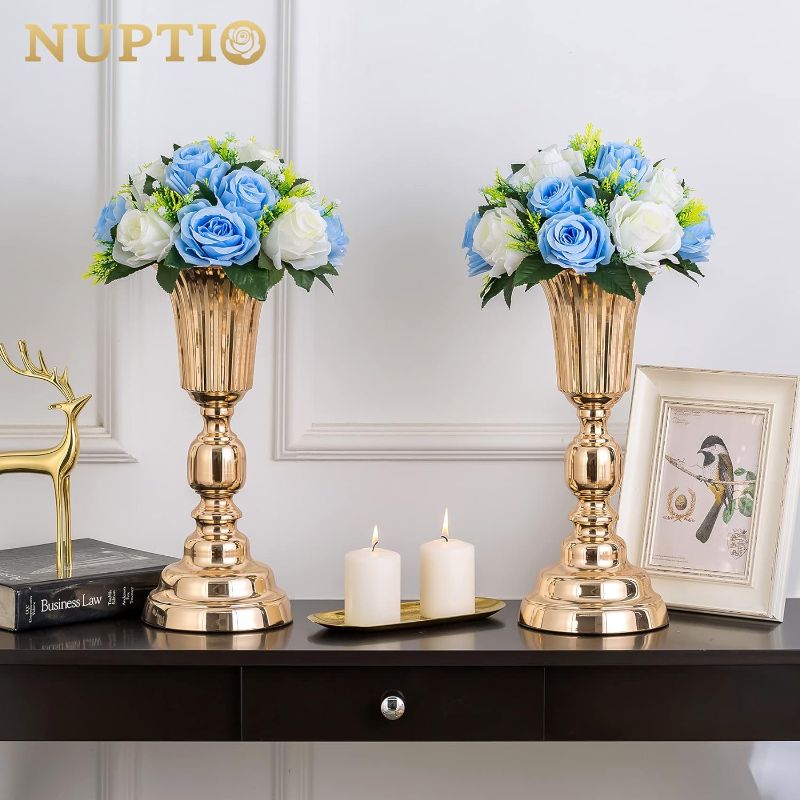 Photo 1 of NUPTIO Pcs of 6 Fake Flower Ball Arrangement Bouquet,15 Heads Plastic Roses with Base, Suitable for Our Store's Wedding Centerpiece Flower Rack for Parties Valentine's Day Home Décor (Blue & White)