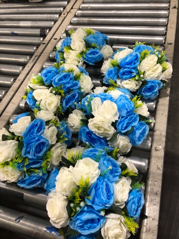Photo 1 of NUPTIO Pcs of 6 Fake Flower Ball Arrangement Bouquet,15 Heads Plastic Roses with Base, Suitable for Our Store's Wedding Centerpiece Flower Rack for Parties Valentine's Day Home Décor (Blue & White)