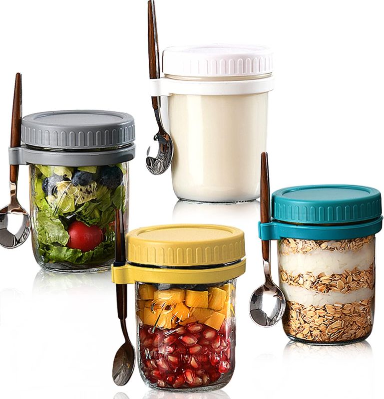 Photo 1 of 4 Pack Overnight Oats Containers with Lids and Spoons and 4pcs Mason canning lids, 12 oz Wide Mouth Glass Mason Overnight Oats Jars, Portable Large Capacity Airtight Jars for Milk, Cereal, Fruit