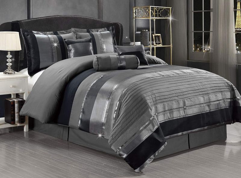 Photo 1 of 
7-Piece King Size Chenille/Woven Jacquard Bedding Grey/Gray Silver Stripe Overize Comforter Set Bed in a Bag