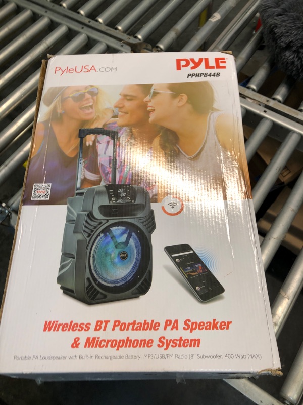 Photo 2 of Pyle 400W Portable Bluetooth PA Loudspeaker - 8” Subwoofer System, 4 Ohm/55-20kHz, USB/MP3/FM Radio/ ¼ Mic Inputs, Multi-Color LED Lights, Built-in Rechargeable Battery w/ Remote Control -PPHP844B