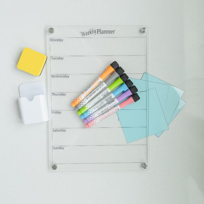 Photo 1 of 21" x 16" Large Weekly Clear Acrylic Wall Calendar with Markers, Eraser, Reusable Monthly Stickers & Mounting Hardware - Dry Erase Board, Erasable Week Planner & Daily Task Organizer for Home Office