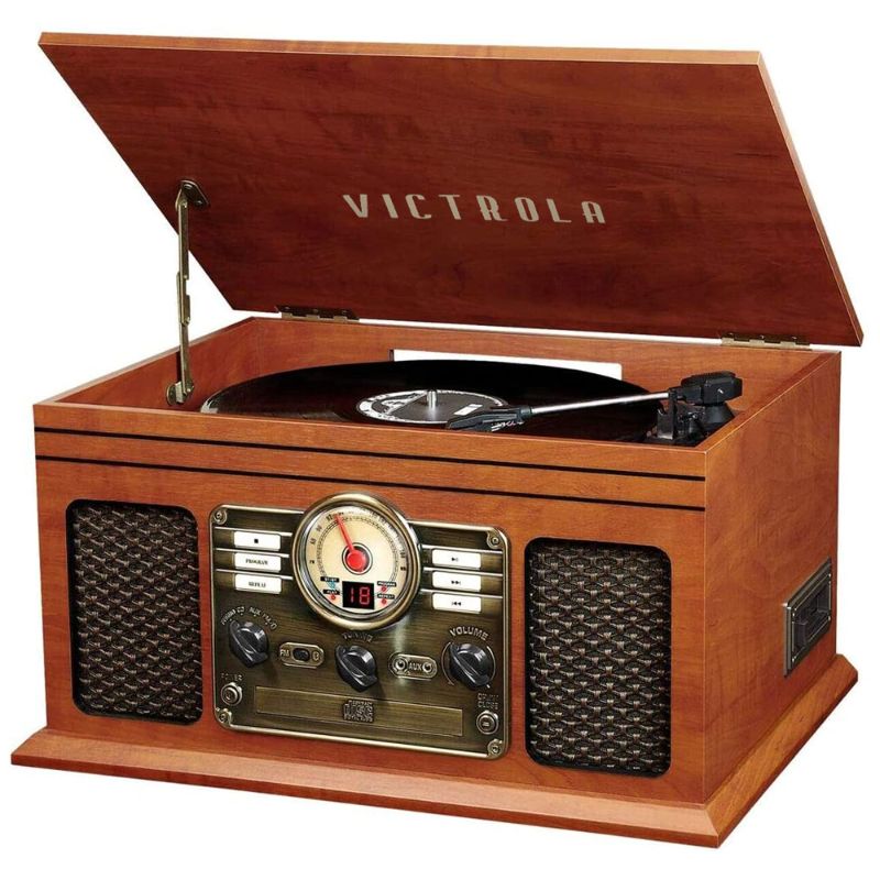 Photo 1 of VICTROLA NOSTALGIC 6-IN-1 BLUETOOTH RECORD PLAYER & MULTIMEDIA CENTER WITH BUILT-IN SPEAKERS - 3-SPEED TURNTABLE, CD & CASSETTE PLAYER, FM RADIO | WIRELESS MUSIC STREAMING | MAHOGANY MAHOGANY ENTERTAINMENT CENTER
