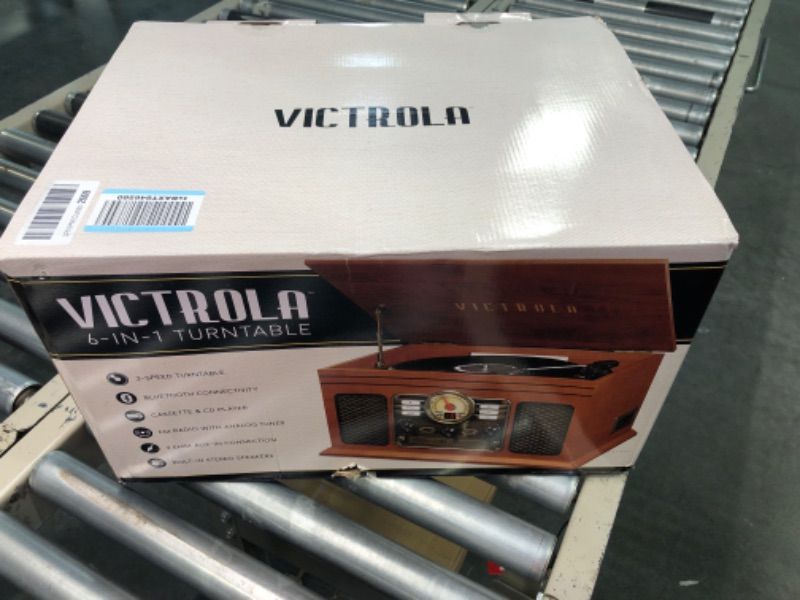 Photo 2 of VICTROLA NOSTALGIC 6-IN-1 BLUETOOTH RECORD PLAYER & MULTIMEDIA CENTER WITH BUILT-IN SPEAKERS - 3-SPEED TURNTABLE, CD & CASSETTE PLAYER, FM RADIO | WIRELESS MUSIC STREAMING | MAHOGANY MAHOGANY ENTERTAINMENT CENTER
