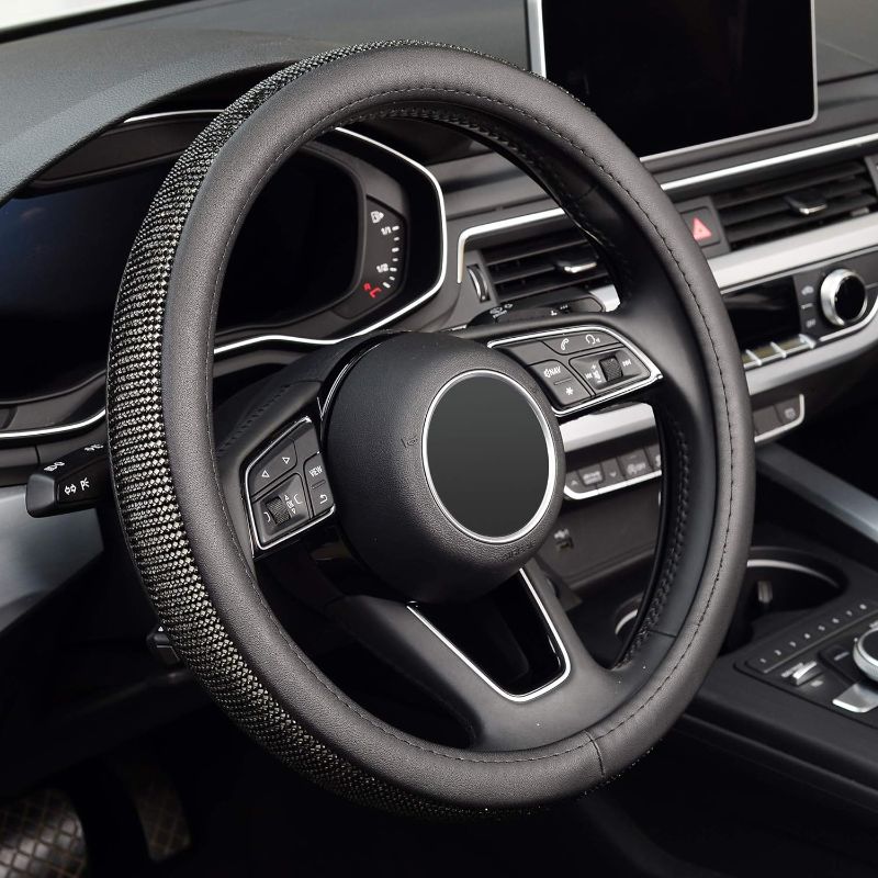 Photo 1 of 
KAFEEK Diamond Leather Steering Wheel Cover with Bling Bling Crystal Rhinestones, Universal 15 inch, Black Microfiber Leather Black Diamond