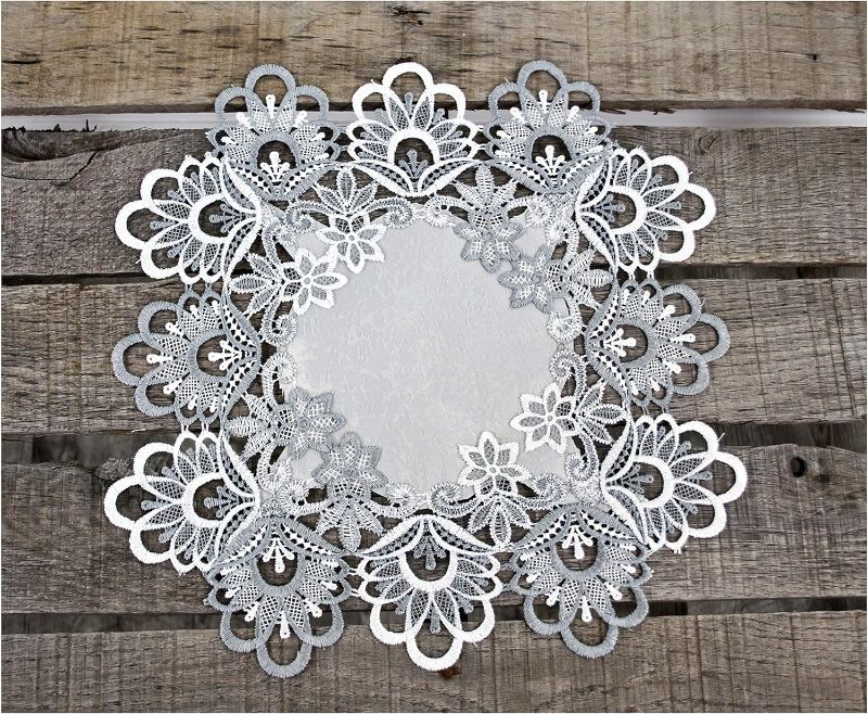 Photo 1 of 
Silver Antique Jacquard Peacock Tail Lace Doily, Place Mat, Table Centerpiece, Table Topper