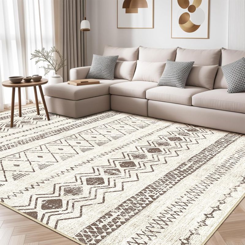 Photo 1 of Boho Moroccan Area Rug 9x12 - Large Indoor Geometric Neutral Rug for Living Room Bedroom Dining Table Modern Home Office - Soft & Machine Washable.