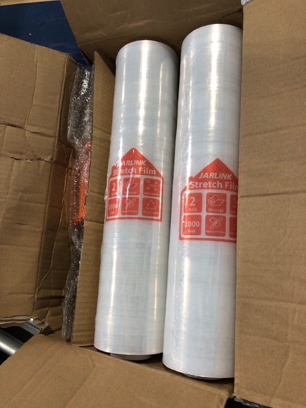 Photo 2 of JARLINK 2 Pack Stretch Film, 15" x 1000ft Shrink Wrap for Pallet Wrap, Industrial Strength Stretch up to 650% Stretch with Handles, Self Adhering Packaging Heavy Duty Film for Moving, 68 Gauge, Clear