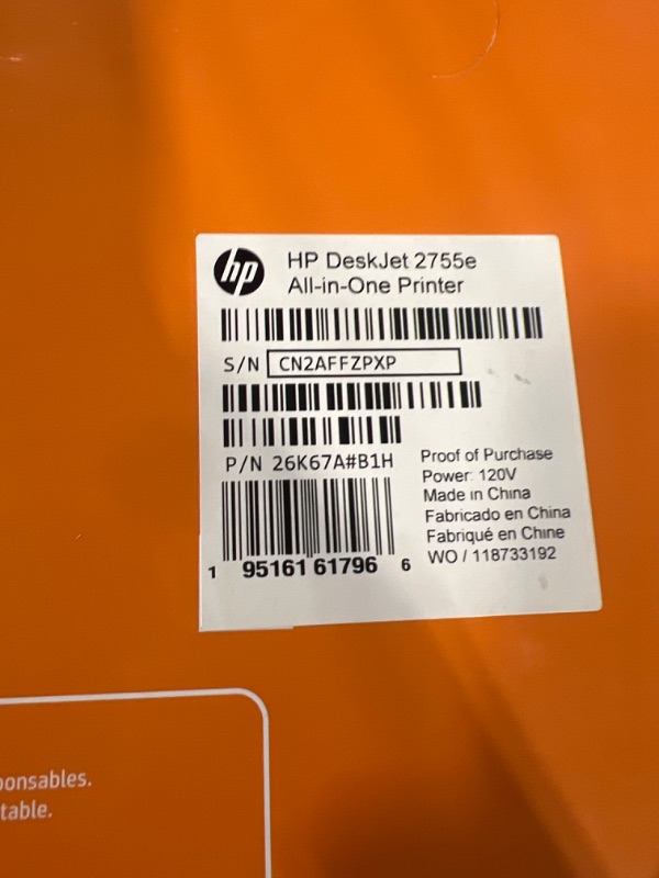 Photo 1 of HP DeskJet 2755e Wireless Color All-in-One Printer with bonus 6 months Instant Ink (26K67A), white