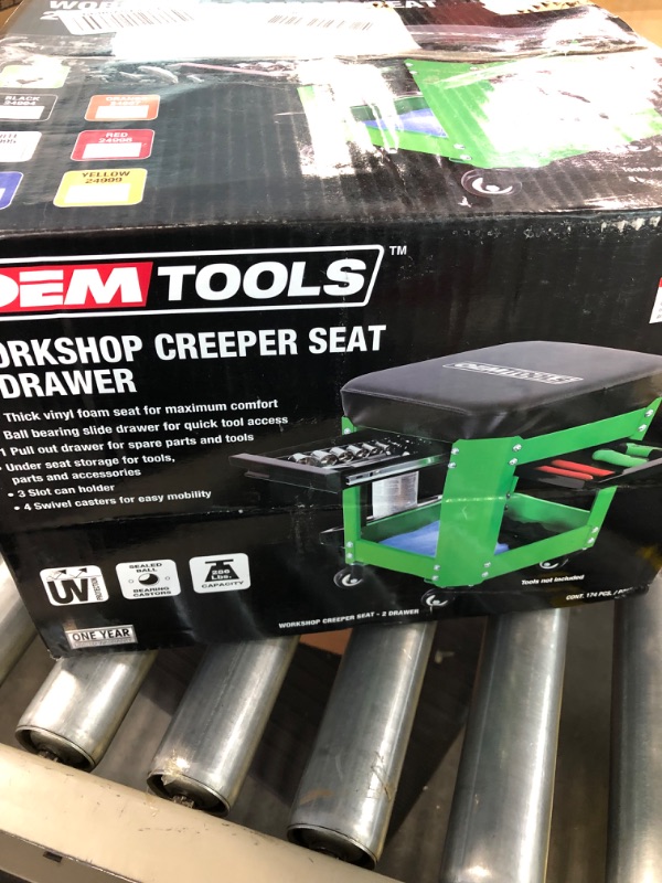 Photo 2 of OEMTOOLS 24993 Workshop Creeper Seat (Green), Mechanics Stool with Wheels, Rolling Work Seat with Built In Toolbox, Mechanic Roll Chair with Cupholder Green/ Black