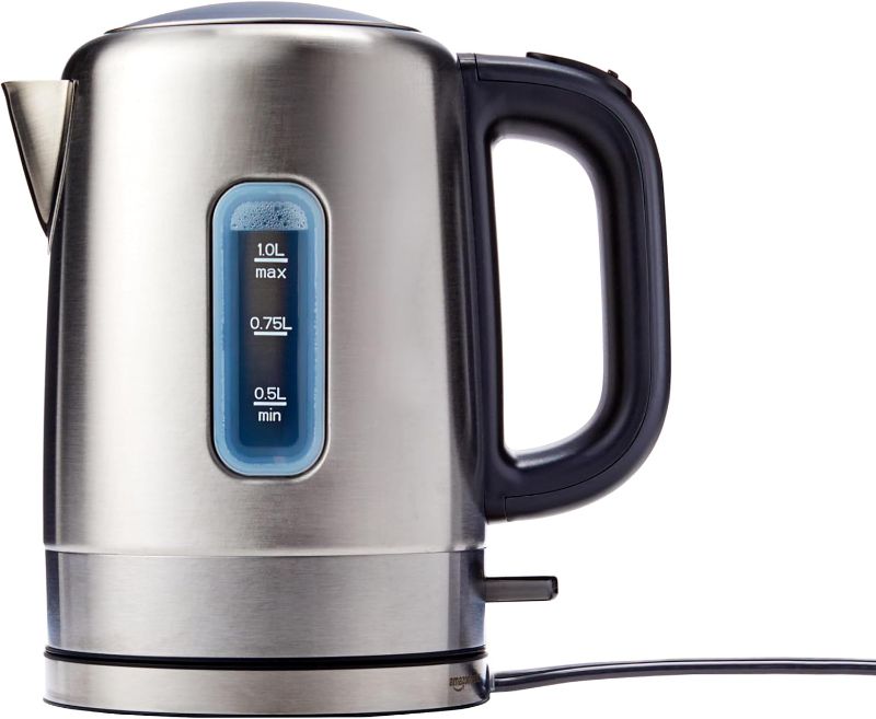 Photo 1 of Amazon Basics Stainless Steel Portable Fast, Electric Hot Water Kettle for Tea and Coffee, Automatic Shut Off, 1 Liter, Black and Sliver