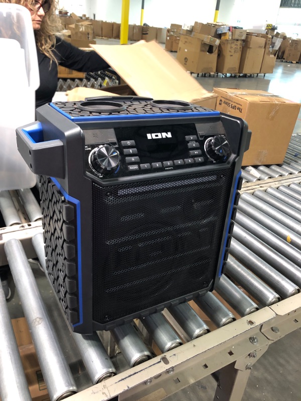 Photo 1 of ION Audio Pickup - 100-watt Water-Resistant Wireless Bluetooth Speaker with 75-Hour Rechargeable Battery, AM/FM Radio and Multi-Color Light Bar 100W water-resistant