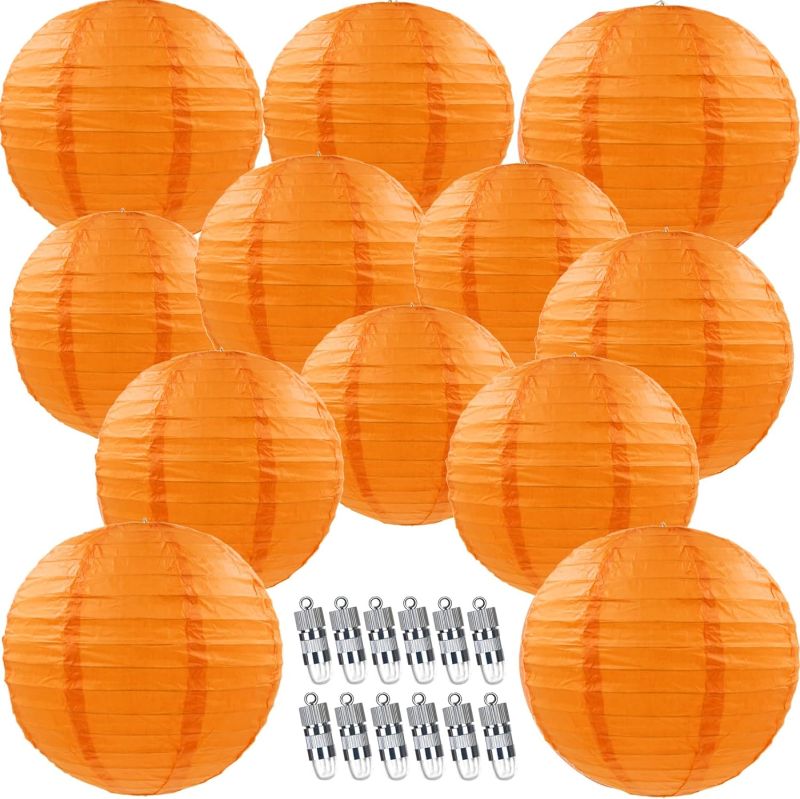 Photo 1 of 12pcs Orange Paper Lanterns with 12pcs White LED Lights, 6" 8" 10" 12" Round Hanging Chinese/Japanese Ball Lantern for Wedding Anniversary Birthday Party Decorations
