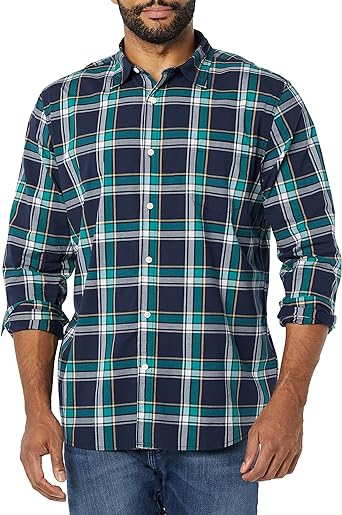 Photo 1 of Amazon Essentials Men's Long-Sleeve Slim-Fit Stretch Poplin Shirt, Navy/Green, Plaid, Large