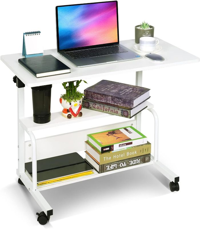 Photo 1 of Portable Desk Small Desks for Small Spaces Laptop Table White Rolling Adjustable Desk on Wheels Mobile Couch Desk for Bedroom Home Office Computer Standing Desk Student Desk with Storage 32x16 Inch