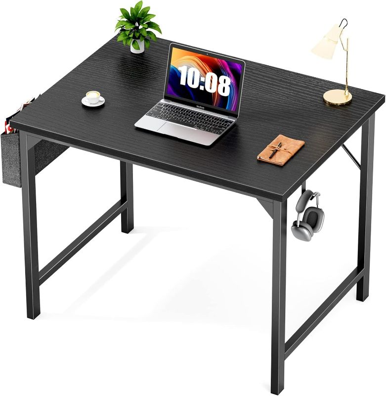 Photo 1 of Sweetcrispy Desk- Computer Office Small Desk 32 Inch Writing Study Work Desk Home Office Desks Modern Simple Style Table with Storage Bag & Iron Hook, Wooden Desk for Home, Bedroom - Black