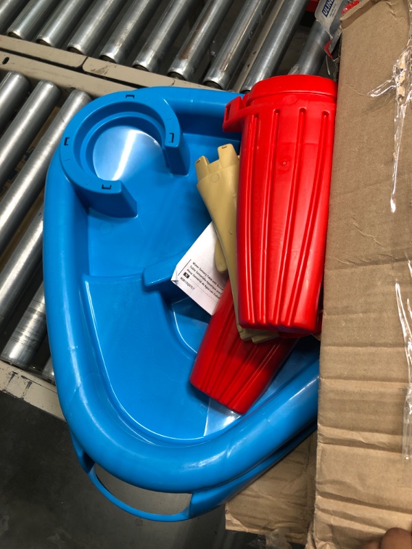 Photo 1 of Amazon Basics 6 Piece Kids’ Sensory Sand & Water Wheel Play Table, 2 Floating Sailboats, Bucket, Tower, Easy Snap-Together Assembly, Red/Blue