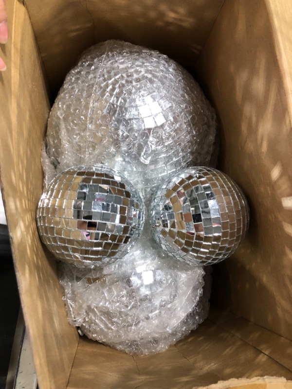 Photo 3 of 8 Pcs Large Disco Ball Set Silver Mirror Disco Balls Reflective Ball with Hanging Ring Party Hanging Ornament Decoration for Stage Club Ballroom Dance Hall Wedding Prom Props Supplies, 8'' 6'' 4'' 8'', 6'', 4''