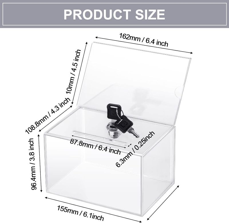 Photo 1 of Acrylic Donation Box with Lock Tip Jars Suggestion Box Storage Container Raffle Box and 10 Pieces White Cardboard for Business Cards, Voting, Collection 6.25 x 4.5 x 4 Inch