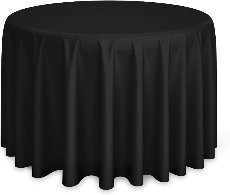 Photo 1 of  1 Pack Black Tablecloths for Round Tables 108 Inch Tablecloths Polyester Tablecloths for Round Tables Wedding Party Fabric Tablecloths Washable Tablecloths 108inch Black