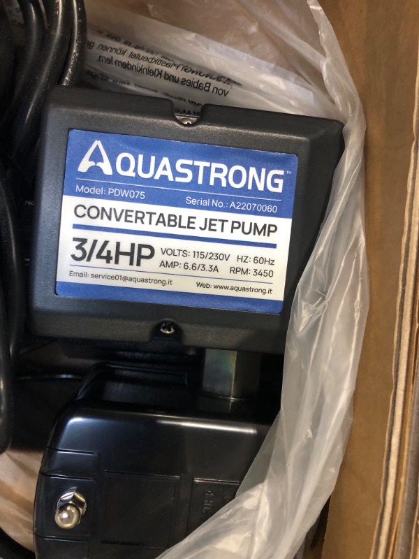 Photo 4 of Aquastrong 3/4HP Shallow/Deep Well Jet Pump, 1437GPH, Cast Iron, Well Depth Up to 25ft/90ft, 115V/230V Dual Voltage, Automatic Pressure Switch 3/4HP Convertible