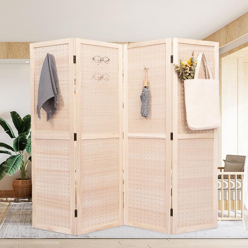 Photo 1 of 4-Panel Pegboard Display Room Divider, Wood Folding Privacy Screen Freestanding Display Board Organizer for Retail, Craft Show, Art Display?Natural
