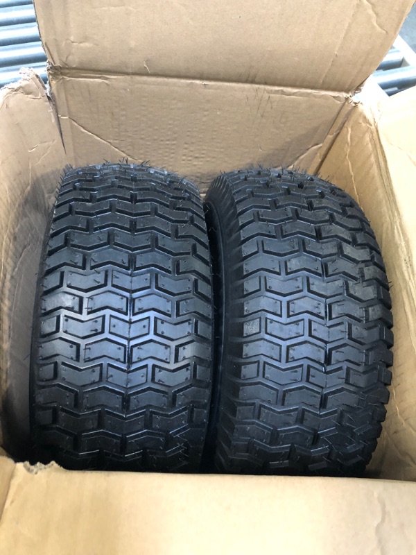 Photo 3 of (2-Pack) 16x6.50-8 Tubeless Tires on Rim - Universal Fit Riding Mower and Yard Tractor Wheels - With Chevron Turf Treads - 3” Offset Hub and 3/4” Bearings - 4 Ply with 615 lbs Max Weight Capacity 16x6.50-8 Tubeless White