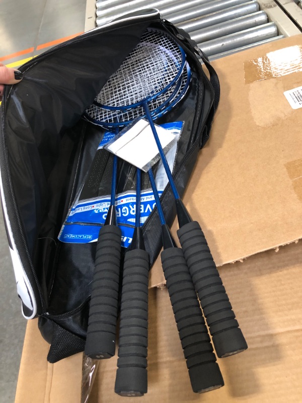 Photo 1 of HIRALIY Badminton Rackets Set of 4 for Outdoor Backyard Games, Including 4 Rackets, 12 Nylon Shuttlecocks, 4 Replacement Grip Tapes (Blue)
