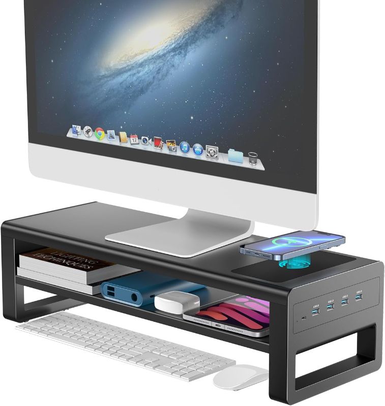 Photo 1 of STARSIKI 2 Tiers Monitor Stand with Auto Charging Pad, Monitor Riser with 4 USB 3.0 Hub Ports, Metal Desk Stand with Storage, Screen Raiser for Desktop Monitor/PC/Laptop/Computer Space Saver Organizer
