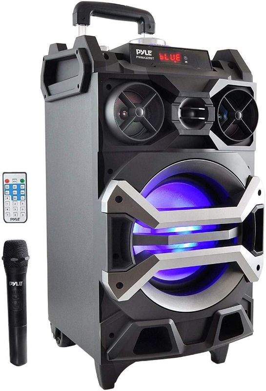 Photo 1 of B01E017BQUPyle 500 Watt Outdoor Portable BT Connectivity Karaoke Speaker System - PA Stereo with 8" Subwoofer, DJ Lights Rechargeable Battery Microphone, Recording Ability, MP3/USB/SD/FM Radio - PWMA325BT
***No remote or power cable***
