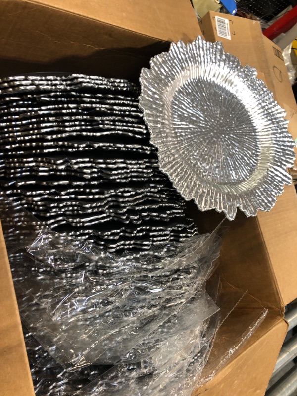 Photo 1 of 32 Pack Charger Plates Set Reef Plate Chargers for Dinner Table Serving Tray Floral Plastic Decorative Plates for Table Setting Wedding Party, 13 Inch (Silver)
