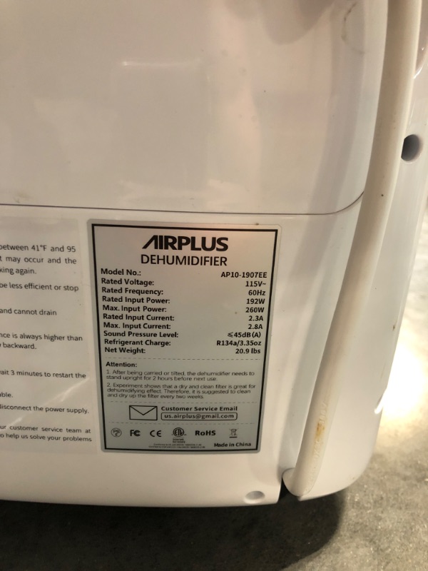 Photo 5 of AIRPLUS 1,500 Sq. Ft 30 Pints Dehumidifier for Home and Basements with Drain Hose(AP1907) 30 Pints A-Rounded