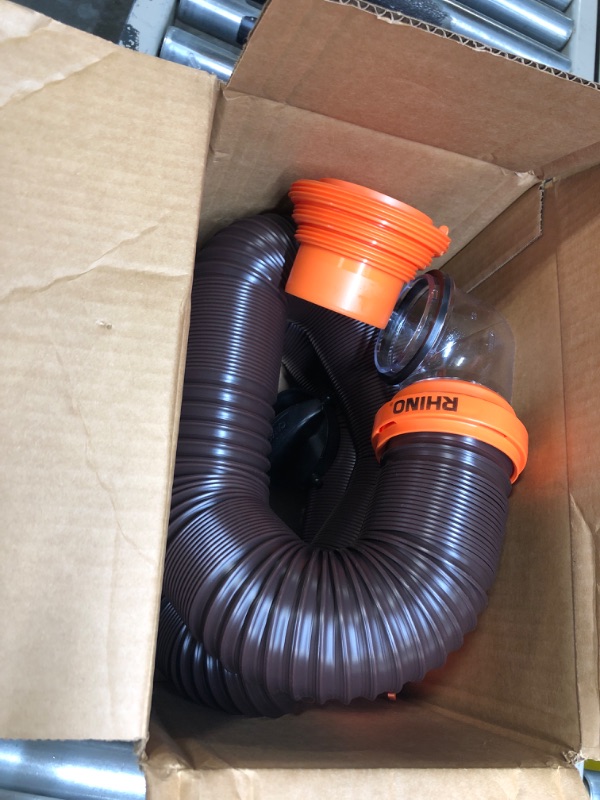 Photo 4 of Camco RhinoFLEX RV Sewer Hose Kit with Swivel Transparent Elbow and 4-in-1 Dump Station Fitting, Brown, 15 Feet (39770) 15ft Sewer Hose Kit Frustration-Free Packaging