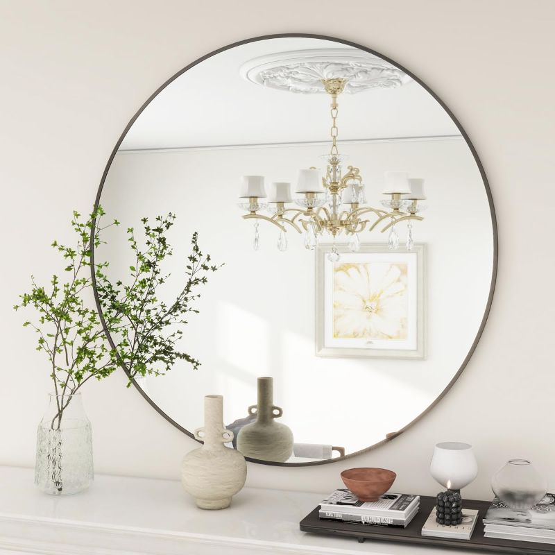 Photo 1 of BEAUTYPEAK 20 Inch Round Mirror, Black Metal Frame Circle Mirror, Wall Mirror for Entryway, Bathroom, Vanity, Living Room, Black Circle Mirror

