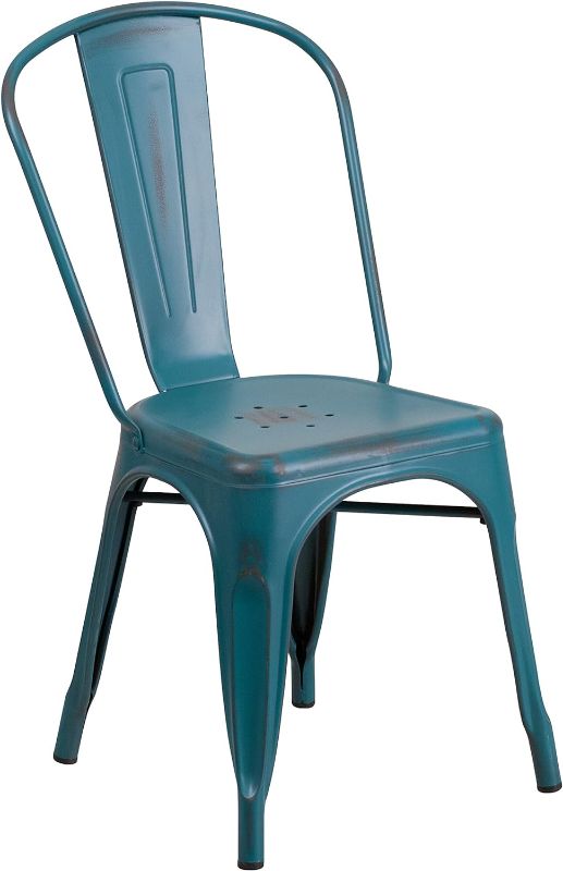 Photo 1 of Flash Furniture Commercial Grade Distressed Kelly Blue-Teal Metal Indoor-Outdoor Stackable Chair
