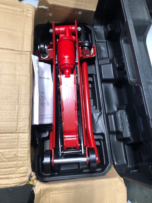 Photo 3 of BIG RED T825013S1 Torin Hydraulic Trolley Floor Service/Floor with Blow Mold Carrying Storage Case, 2.5 Ton (5,000 lb) Capacity, Red 2.5 Ton (5,000 LBs)