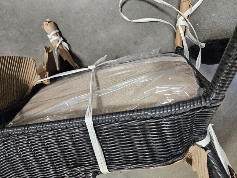 Photo 1 of Rosemont Stackable Black Steel Wicker Outdoor Patio Lounge Chair with Putty Tan Cushion