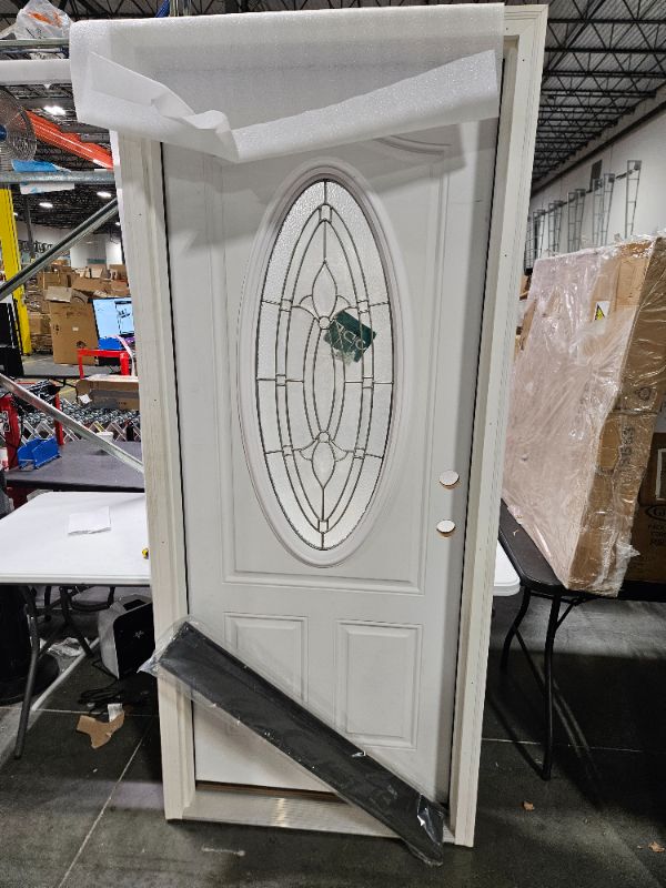 Photo 1 of  36 in. x 80 in. Left-Hand 3/4 Oval Blakely Glass Modern White Paint Fiberglass Prehung Front Door w/Rot Resistant Frame
