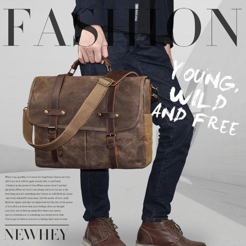 Photo 1 of Messenger Bag for Men, Waterproof Genuine Leather Waxed Canvas Briefcase 15.6 Inch Laptop Larger Shoulder Bag 