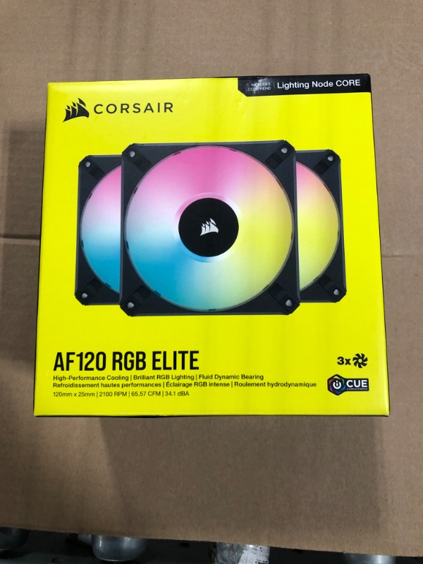 Photo 2 of Corsair iCUE AF120 RGB Elite 120mm PWM Triple Fan Kit - Eight RGB LEDs Per Fan - AirGuide Technology - Fluid Dynamic Bearing - Zero RPM Fan Mode - Included iCUE Lighting Node CORE Controller - Black AF RGB ELITE Triple (120mm) Black