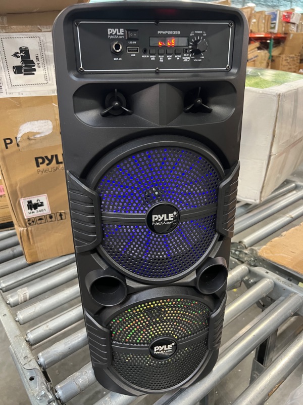 Photo 4 of Pyle Portable Bluetooth PA Speaker System - 600W Rechargeable Outdoor Bluetooth Speaker Portable PA System w/ Dual 8” Subwoofer 1�” Tweeter, Microphone In, Party Lights, USB, Radio, Remote - PPHP2835B